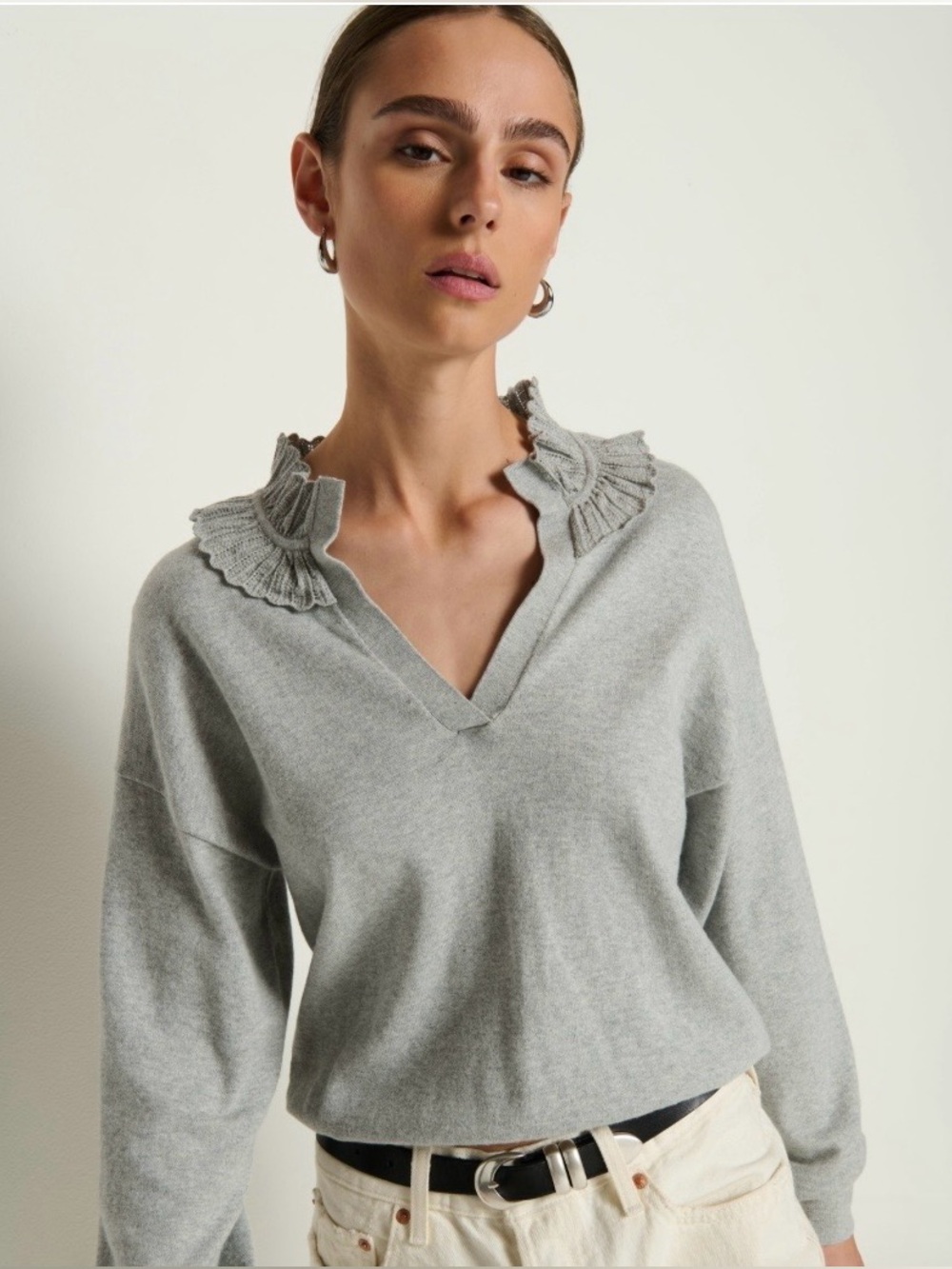 Reformation Light Gray Ruffle-Trim V-Neck Sweater